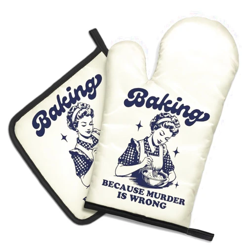 DYJYBMY Baking Because Murder is Wrong Funny Oven Mitts and Pot Holder Set, Humorous Vintage Lady Kitchen Gadgets for Women, Birthday Gifts for Bake Lover Chef, Hostess Gifts for Mom Wife Sister BFF
