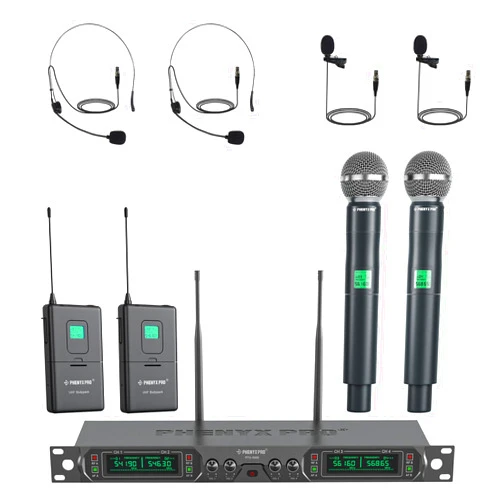 Phenyx Pro Wireless Microphone System, 4-Channel UHF Wireless Mic Set with Handheld/Bodypack/Headset/Lapel Mics, Fixed Frequency Metal Cordless Microphone for Church,Singing,DJ(PTU-5000-2H2B)