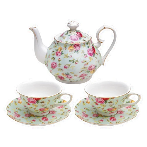 Gracie China by Coastline Imports Blue Cottage Rose Chintz 5-Piece Porcelain Tea Set, 7 fluid ounces