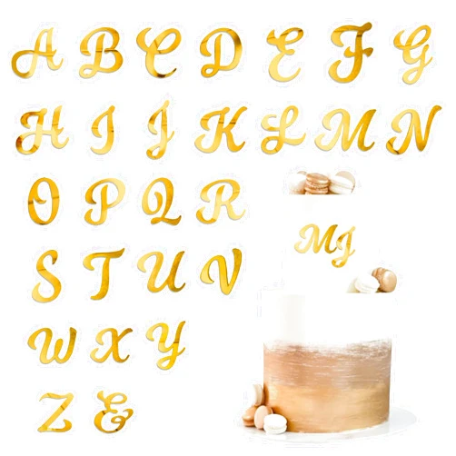DRWATE Acrylic Alphabet Cake Topper DIY Personalized Name Cupcake Toppers with A-Z Letter Mirrored Gold Picks for Custom Wedding Cake Decorations Baby Shower Happy Birthday Party Supplies (Uppercase)