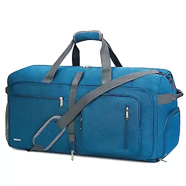 WANDF Foldable Duffel Bag 65L with Wet Pocket & Shoes Compartment, Overnight Weekender Travel Duffle for Men Women Water-proof & Tear Resistant Blue
