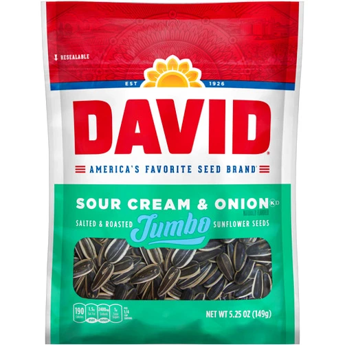 DAVID Seeds Sour Cream and Onion Flavored Salted and Roasted Jumbo Sunflower Seeds, Keto Friendly Snack, 5.25 OZ Bags, 12 Pack
