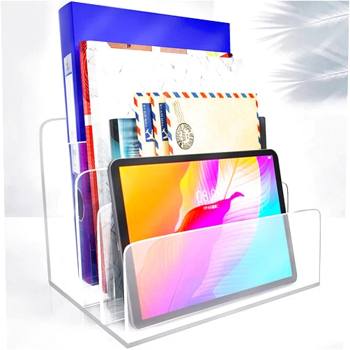 Carooyac Clear Acrylic File Organizer, 4 Sections Acrylic File Holder Sorter, Office Desk Organizer for File Folder Mail Letter Book Electronics Makeup Eye Shadow Palette