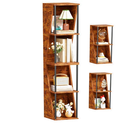 Furologee 5 Tier Bookshelf, Small 3 Tier Bookcase Set of 2, Tall Narrow Display Standing Shelf, DIY Stackable Cube Storage Shelves, Rustic Metal Wooden Desktop Rack for Living Room, Bedroom, Office