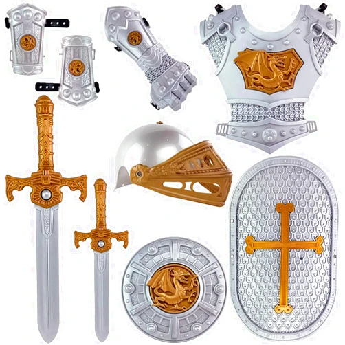 Liberty Imports Medieval Knight in Shining Armor, Kids Pretend Role Play Plastic Costume Dress Up Cosplay with Toy Swords, Shield, Weapons & Accessories Playset