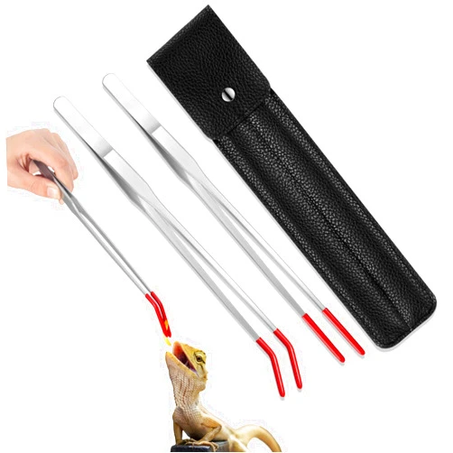 Lasnten 2 Pcs Extra Long Feeding Tongs with Storage Bag Aquarium Tweezers Stainless Steel Rubber Tip Straight and Curved Reptile Tongs for Lizards Worms Tank Accessories, 10.5 Inches and 10 Inches