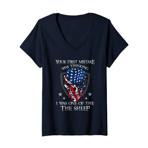 American Flag - Skull Veteran Gift - Dressed4Duty Your First Mistake Was Thinking I Was One Of The Sheep Skull V-Neck T-Shirt