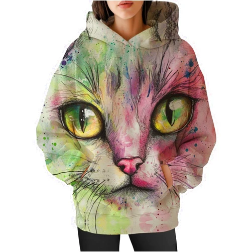 DMOYALA Womens Funny Cat Hoodies Oversized Cute Cat Lovers Printed Hooded Sweatshirt Y2K Fall Pullover Tops with Pockets