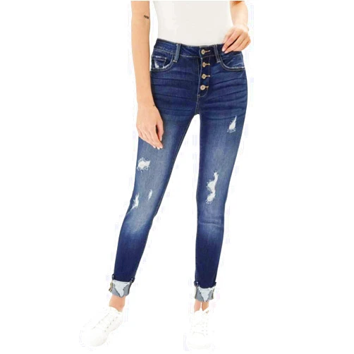 Kan Can Women's High Rise Button Fly Distressed Super Skinny Jeans