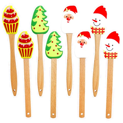 Hoypeyfiy 8PC Christmas Silicone Spatula Set - Santa Design Wood Handle for Baking, Cake Decor, Cooking Non-Scratch Xmas Dish Scrapers, Holiday Kitchen Gift for Bakers