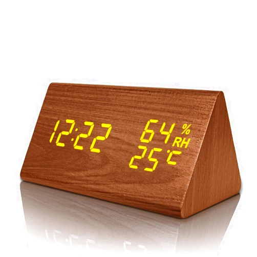 everwood Digital Alarm Clocks Wooden LED Time Display with Humidity&Temperature Detect(Brown Triangle)