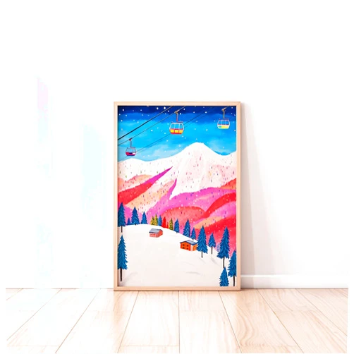 Custom Swiss Alps Travel Illustration, Switzerland, Winter Mountain Wall Art travel poster City landscape skyline National Park