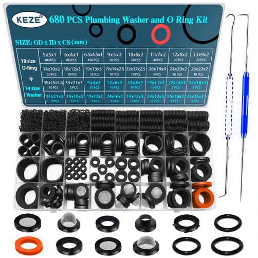 KEZE 680 PCS Rubber Washer Assortment Kit 14 Size Water Hose Washers and 18 Size Nitrile O Ring Washers Set for Outside Faucet Spigot Garden Hose Pressure Washer Plumbing Repair OD 5-33MM