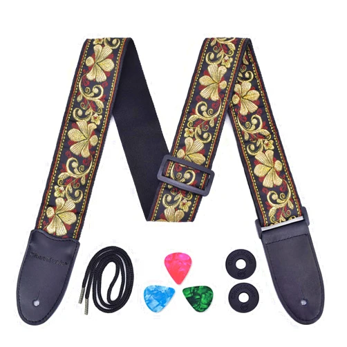 CLOUDMUSIC Guitar Strap Jacquard Weave Strap With Leather Ends Vintage Classical Pattern Design Picks Free (Vintage Classical Pattern Design 32)