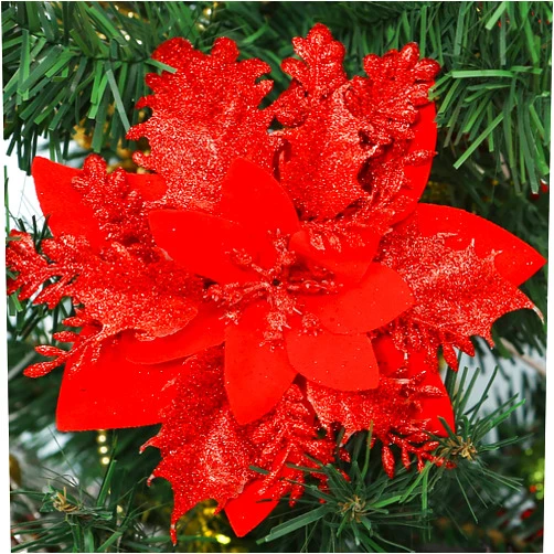 Vitalili 12 Pcs Poinsettia Artificial Christmas Flowers Decorations with Clips and Stems Glitter Christmas Poinsettia Decorations for Xmas Tree Ornaments Winter Party Wreath Decoration (Red)