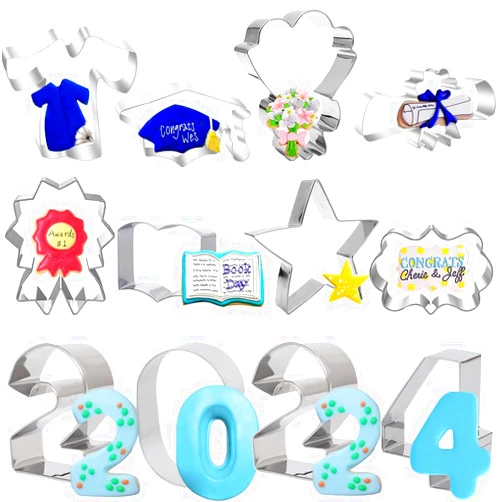 Razulugg 12 Pack Graduation Cookie Cutters 2024 Graduation Cookie Cutters Set Graduation Cap, Diploma, Medallion, Graduation Gown, Plaque Frame, Number 2024 Biscuit Fondant Cookie Cutters for Baking