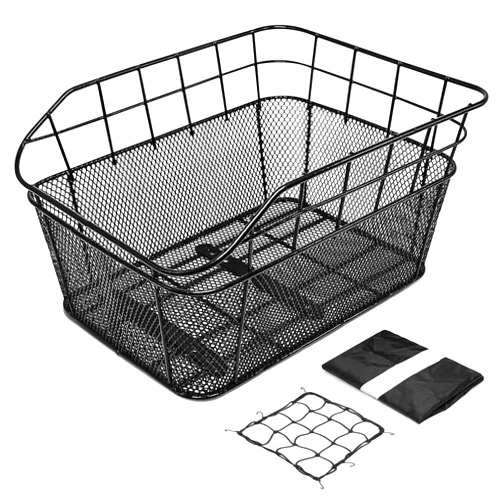 ANZOME Rear Bike Basket, Waterproof Metal Wire Bicycle Basket with Adjustable Cargo Net and Waterproof Rainproof Cover Fits to Most Rear Bike Racks