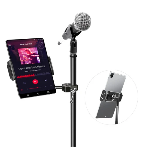 elitehood Newest Aluminum iPad Holder for Mic Stand, Side Mount iPad Music Stand Holder for Microphone, 360° Swivel Tilt Adjustable Mic Stand Tablet Holder for iPad, iPhone and More 4-13in Tablet