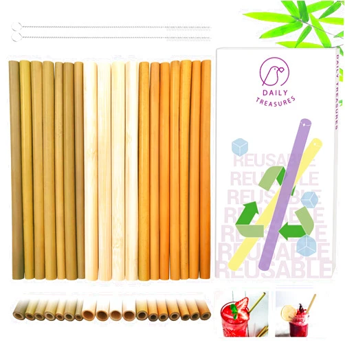 Daily Treasures 18Pcs Bamboo Drinking Straws, 7.9 Inches Natural Reusable Straws Biodegradable Bamboo Wooden Straws, Straight Boba Smoothie Straws Alternative to Plastic Straws with 2 Nylon Brushes