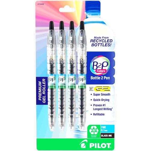 Pilot B2P Bottle 2 Pen Refillable & Retractable Gel Roller Pen Made From Recycled Bottles, Clear Barrel, Fine Point, 4-Pack, Black Ink
