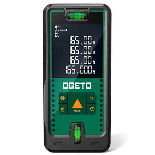 Ogeto Laser Measure, Ogeto 165 Feet Digital Laser Distance Meter with 2 Bubble Levels,M/in/Ft Unit Switching Backlit LCD and Pythagorean Mode, Measure Distance, Area and Volume