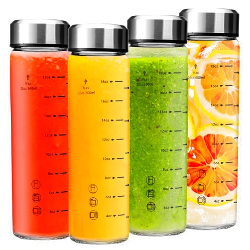 Olivego 20oz Juice Bottles - 4 Pack Wide Mouth Glass Bottles with Lids- BPA Free, Stainless Steel Lids for Juicing, Smoothies, Infused Water, Beverage Storage - Leakproof, Borosilicate, Clear