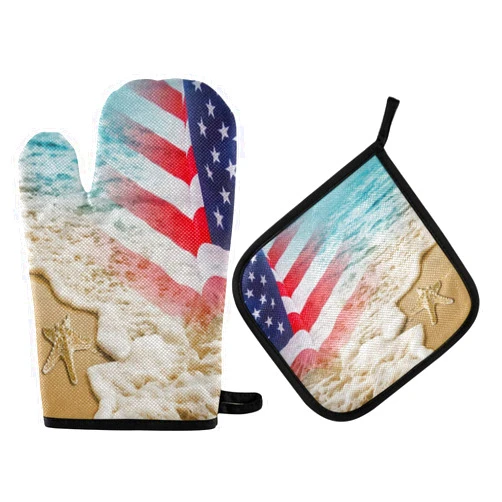 Exnundod 4Th of July Sandy Beach Oven Mitts and Pot Holders Set,Summer Starfish Heat Resistant Hot Pads&Gloves 2pcs for Kitchen Cookware Cooking BBQ Baking Bakeware Sets