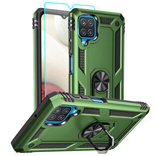 Aozuoton for Samsung Galaxy A12 Phone Case, Samsung A12 Case with HD Screen Protector, [Military Grade 16ft. Drop Tested] Ring Shockproof Protective Phone Case for Samsung Galaxy A12,Armygreen