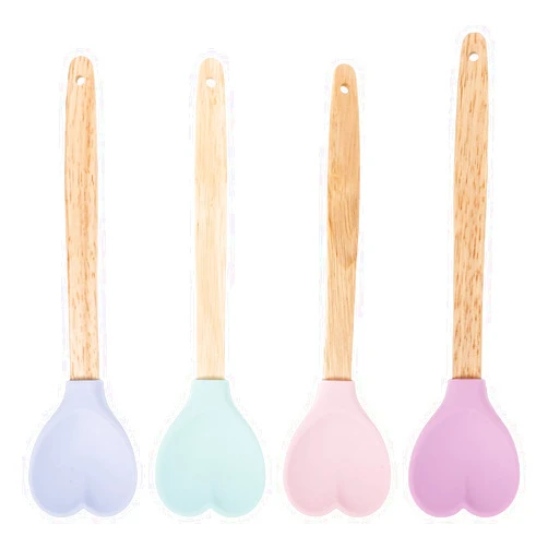 HEMOTON Heart Shaped Silicone Spatula: 4pcs Baking Spatula Silicone Cooking Spoons Kitchen Utensil Spoon with Wooden Handle for Mixing Cooking Baking Stirring