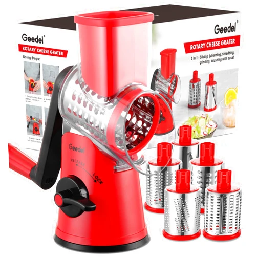 Geedel Rotary Cheese Grater Cheese Shredder - Upgraded 5-in-1 Cheese Grater with Handle and Strong Suction Base, Multi-purpose Vegetable Slicer Ice Shaver Nuts Grinder for Ice, Vegetables, Fruit, Nuts