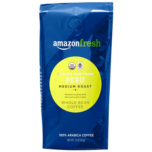 Amazon Fresh, Organic Fair Trade Peru Whole Bean Coffee, Medium Roast, 12 Oz