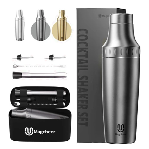 Magcheer Hybrid Cocktail Shaker Set | Vacuum Insulated Stainless Steel Martini Shaker with Strainer & Jigger Lid | Travel cocktail kit with Bartender Accessory Tools | 30oz | Gunmetal Gray
