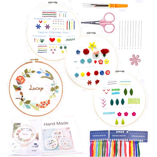 VINTAGE EMBROIDERY V.E. Embroidery Practice Kit for Beginners - 4sets Hand Embroidery Cross Stitch Starter Kit to Learn 30 Different Stitches Skill Techniques (Mixed)