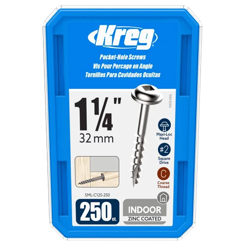 Kreg SML-C125-250 Zinc Pocket Screw - 1 1/4 Inch #8 Coarse Thread - Maxi-Loc Head - 250 Count