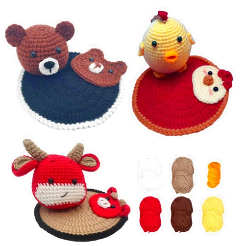 Ushomin 3PCS Crochet Kit for Beginners, 3 pcs DIY Crochet Animal Kit for Adults Kids, Cute Knitting Kit with Step-by-Step Video Tutorials (Bear+Chick+Cow)