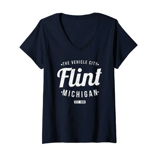 Vintage Flint Michigan Souvenirs by BAS Womens Flint Michigan Retro Vintage Souvenir MI Flint V-Neck T-Shirt
