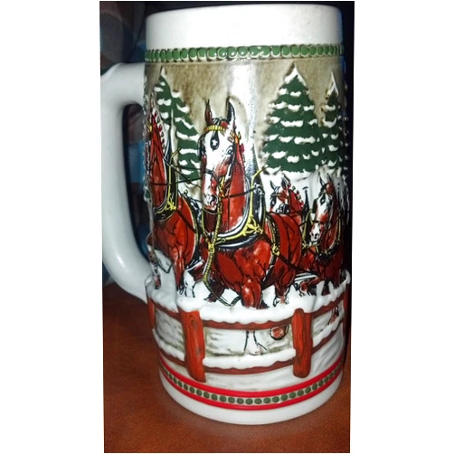 Budweiser 1984 Budweiser Beer Stein Holiday Stein Clydesdales As They Crossed Covered Bridge