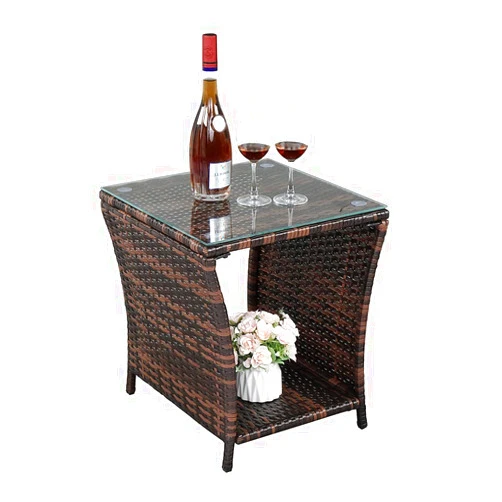 VINGLI Outdoor Wicker Side Table Patio Side Tables for Outside, Tempered Glass Top Wicker Table with Storage End Table for Balcony Porch Deck (Brown)