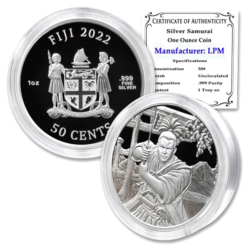 MINT STATE GOLD 2022-1 oz Fiji Silver Ancient Warriors - Samurai Coin Brilliant Uncirculated (in Capsule) with Certificate of Authenticity 50c Seller BU