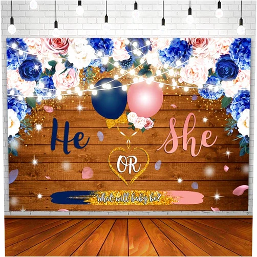 SENDY 7x5ft Navy and Blush Gender Reveal Backdrop He or She Navy Blue Blush Pink Floral Baby Gender Reveal Party Decorations Retro Wood Balloon Pregnancy Reveal Surprise Boy or Girl Background Banner