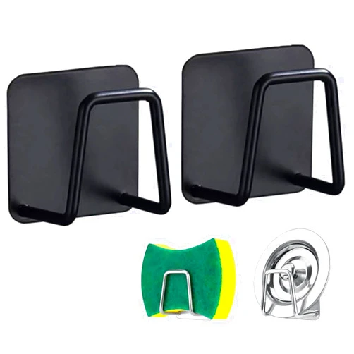 Elykorrne Sponge Holders for Kitchen Sink, Sponge Holder Stainless Steel Kitchen Sink Caddy, Strong Adhesive, Rustproof&Waterproof, with 2+1 (1 spares) 3M-Adhesive Sticker-Black, 2 Pack