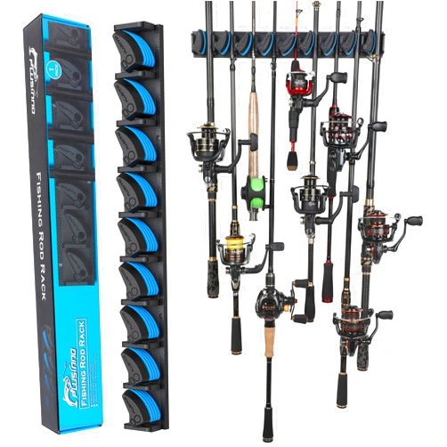 PLUSINNO Vertical Fishing Rod Holder, Wall Mounted Fishing Rod Rack, Fishing Pole Holder Holds Up to 9 Rods or Combos, Fishing Rod Holders for Garage, Fits Most Rods of Diameter 3-19mm