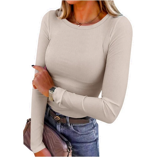 ANRABESS Women Long Sleeve Crewneck Rib Knit Slim Fit Shirts Basic Tee Tops 2025 Casual T-Shirt Going Out Workout Outfits