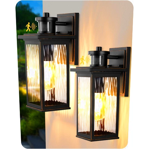 EDISHINE Motion Sensor Outdoor Lights Wall Mount, Set of 2 Dusk to Dawn Exterior Light Fixture with Water Ripple Glass, Waterproof Outside Wall Lantern Sconce for Porch Front Door Garage Patio, 2 Pack