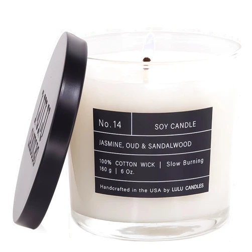 Lulu Candles | Jasmine, Oud & Sandalwood | Luxury Scented Soy Jar Candle | Hand Poured in The USA | Highly Scented Long Lasting (6 Oz.)
