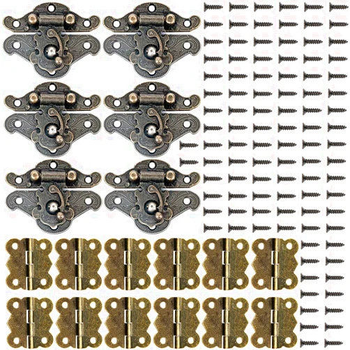 PGMJ Jewelry Box Hardware 6 Pieces Retro Design Decorative Cabinet Lock - Antique Box Hinge Buckle Wooden Box Latch Decorative Hasp Latch Buckle with 12 Vintage Bronze Engraved Designs Hinge and 100 Screws