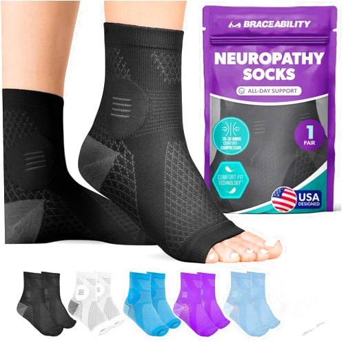 BraceAbility Neuropathy Socks (Pair) - Peripheral Neuritis Compression Diabetic Toeless Foot Sleeves for Nerve Damage Pain in Feet, Ankle Gout, Plantar Fasciitis Relief Brace for Men and Women (L - Black)