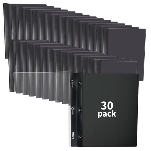 Binditek 30 Pack Clear Front Report Covers with 3 Prongs, Heavyduty, 100 Sheet Capacity, Heavyduty Plastic Report Folder with Black Back Covers, 3 Metal Prongs Fasteners, for Letter Size