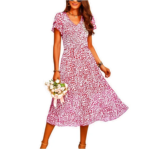 BTFBM Women Casual Summer Short Ruffles Tiered Sleeve Smocked Midi Dresses Bohemian Floral V Neck Wedding Guest Long Dresses