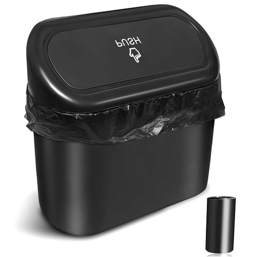 Launary Mini Car Trash Can Bin with Lid and One Roll Plastic Trash Bags, Small Car Garbage Can Leakproof Car Accessories Trash Bin Car Dustbin Organizer Container for Car, Vehicle, Office, Home